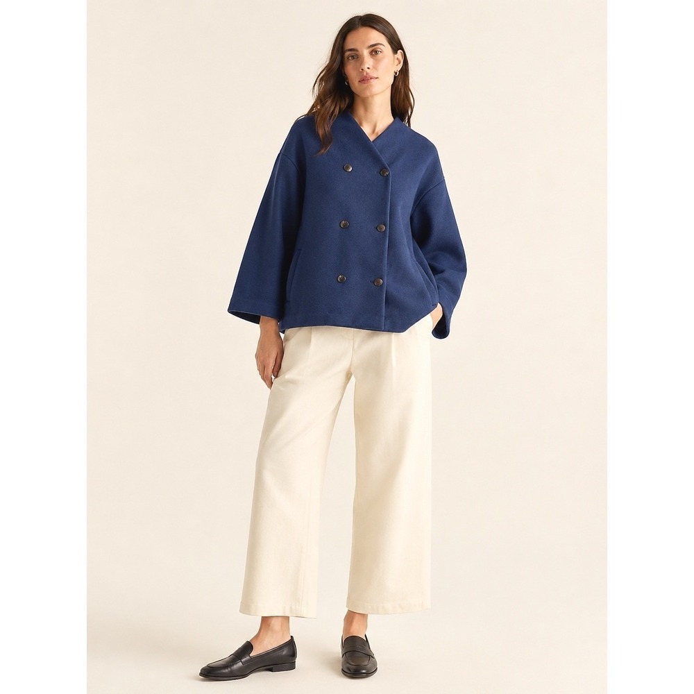 Banana Republic Womens Double Breasted Pea Coat L Minimalist Navy Blue Lagenlook